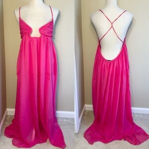 Zara M Backless Flowy Lined Spaghetti Strap Elegant Pink Maxi Dress